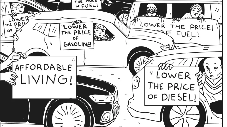 Illustration med flera bilar som står på en väg och där personerna i bilarna håller skyltar med argument mot höjda drivmedelspriser.