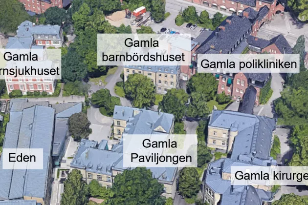 Flygfoto över kvarteret Paradis med byggnadernas namn utmärkta.