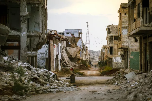 Bombad stad. Daraa i Syrien. Foto.