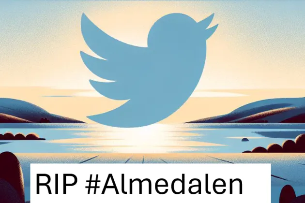 Illustration med Twittersymbolen i solnedgången