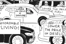 Illustration med flera bilar som står på en väg och där personerna i bilarna håller skyltar med argument mot höjda drivmedelspriser.